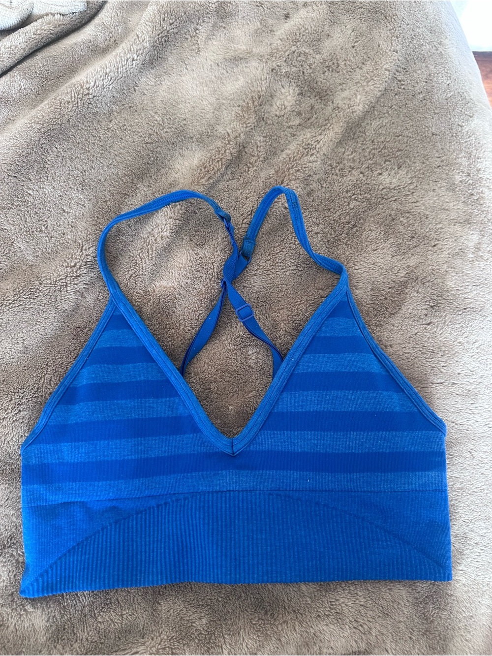 Blue Lululemon ebb to street vneck horizontal striped sports bra